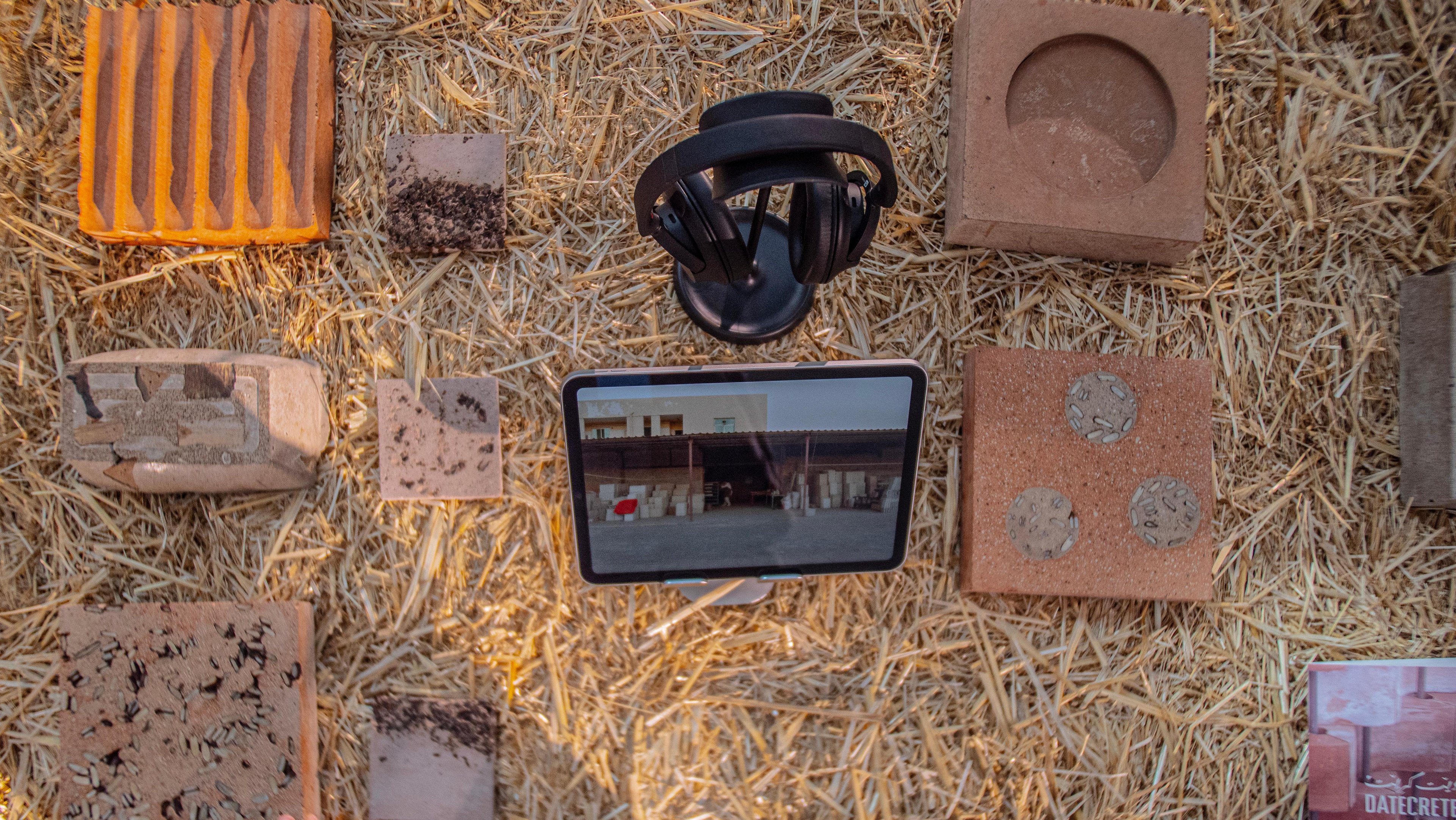 Close up shot of Datecrete tiles and customized formats on a wheat-stalk platform.