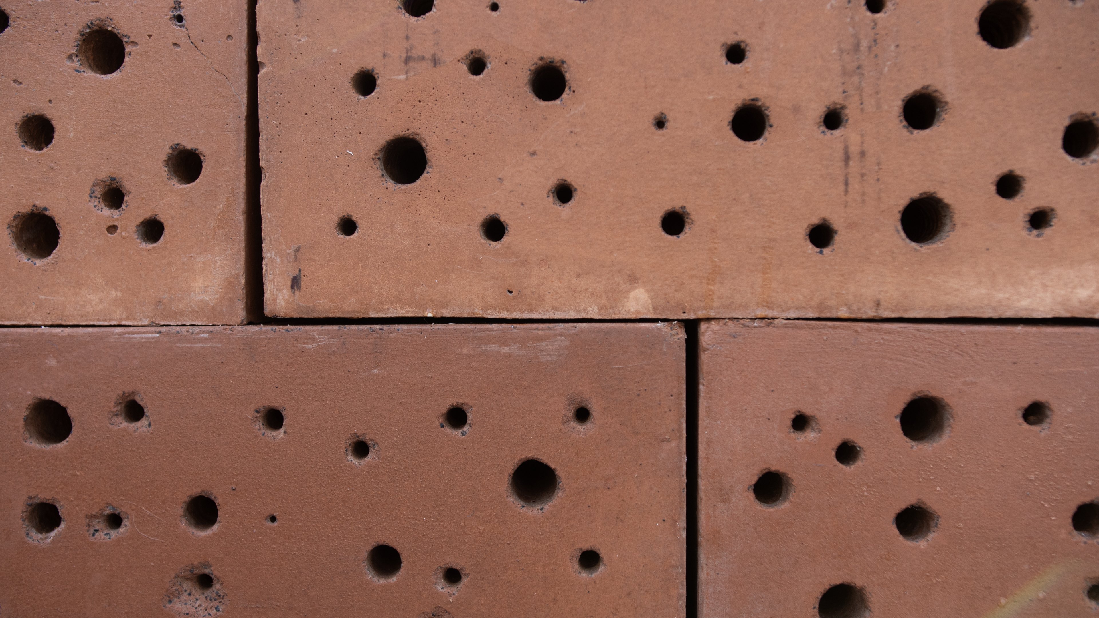 Close-up shot of the bee-entry holes in the Datecrete Bee Hotel.