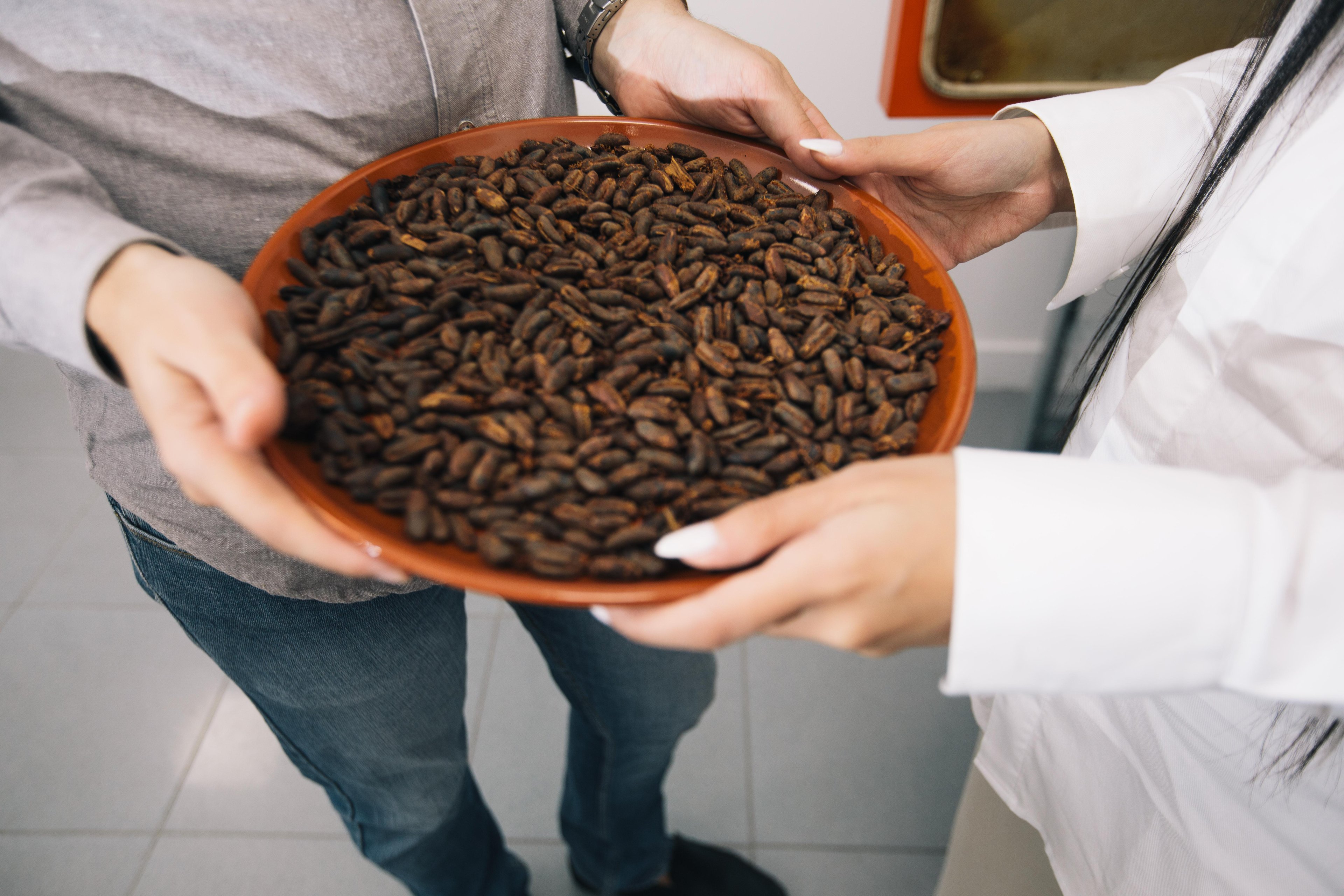 Sara and Khaled's hands holding up a shallow bowl filled with oven-roasted date seeds.