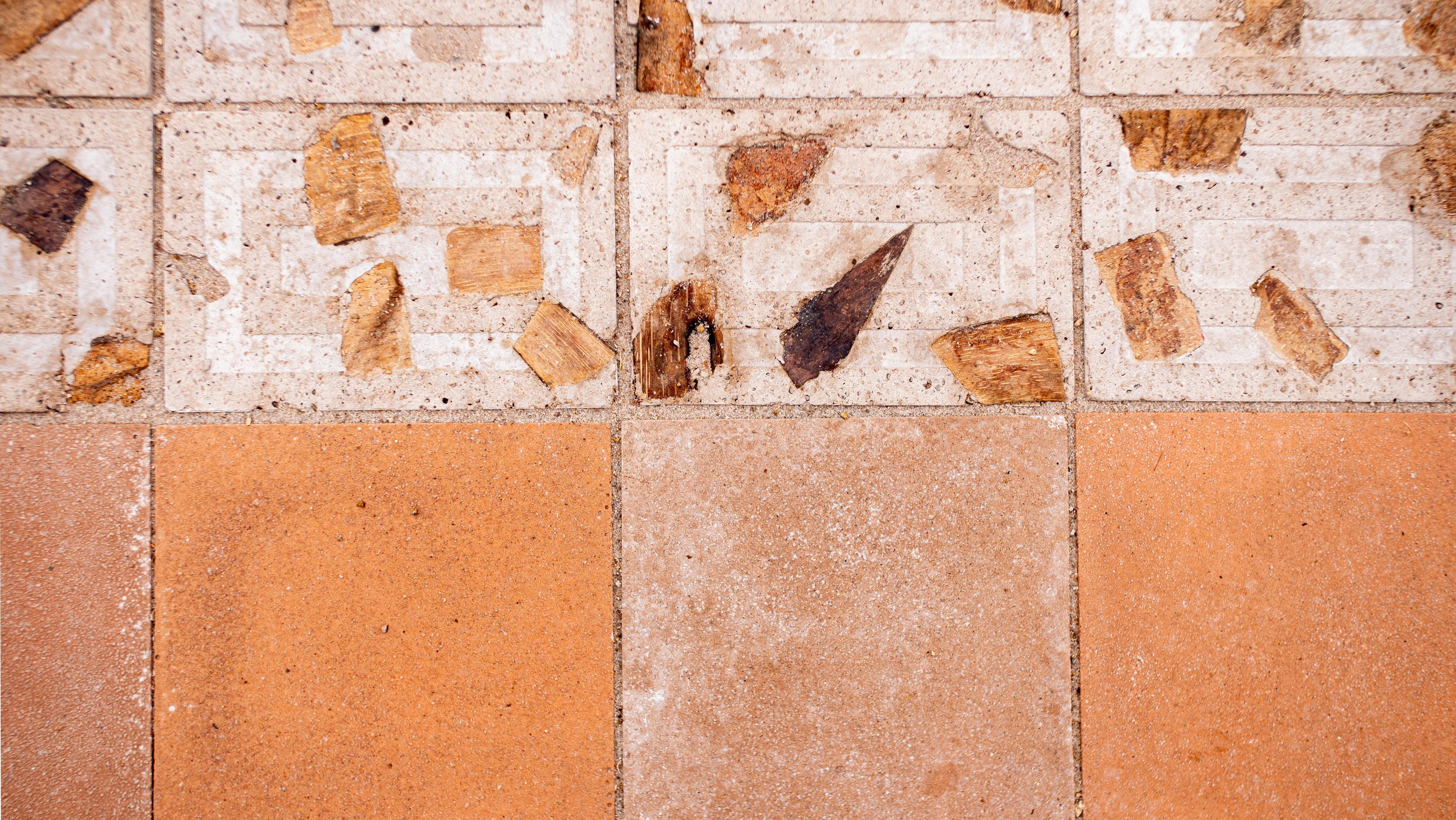 Close up shot of the pavers, the top half of which shows the palm-frond-imbued Datecrete pavers, and the bottom half showing the Sienna-tinted pavers.