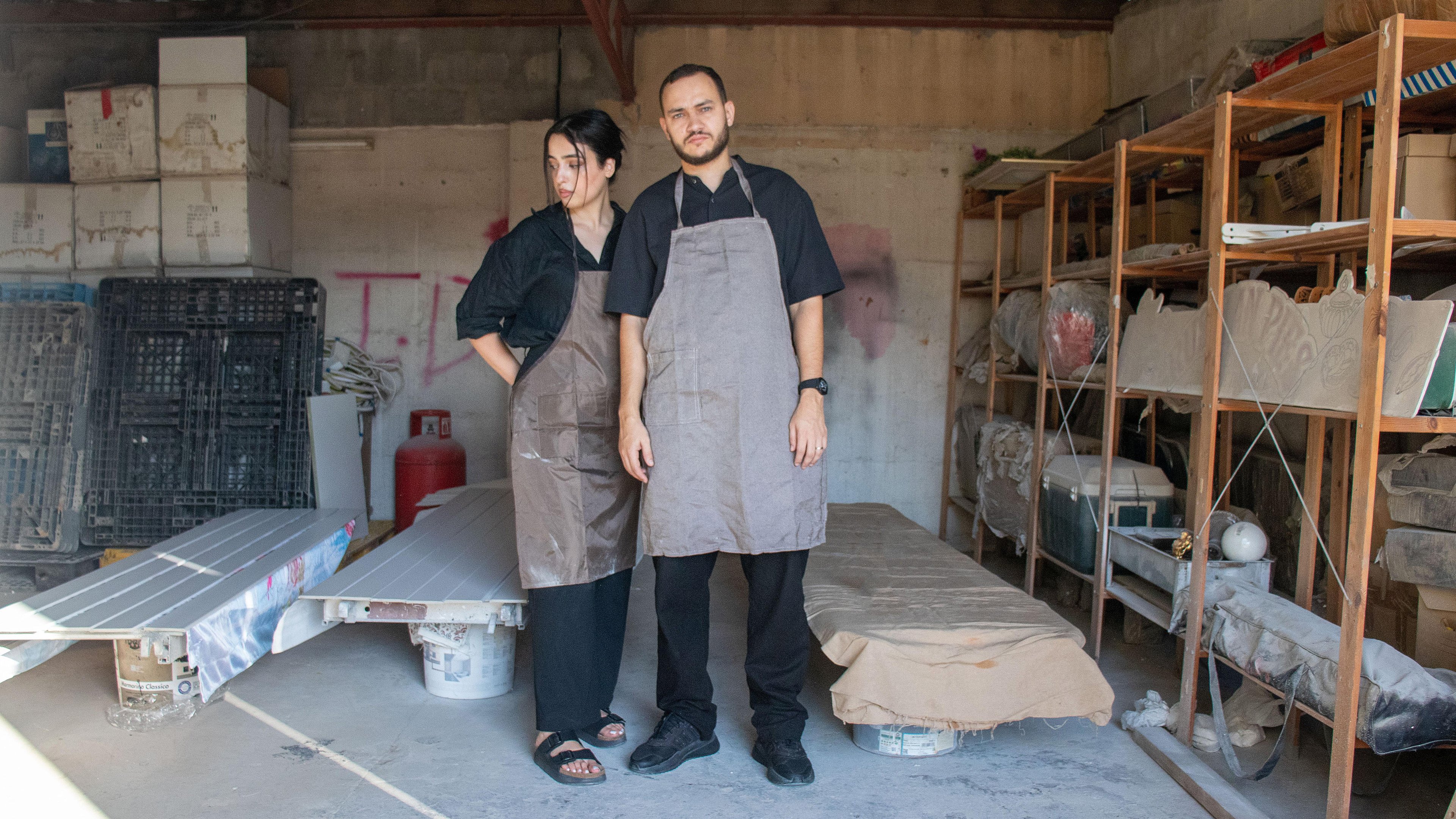 Datecrete Studio & Lab co-founders Sara Farha and Khaled Shalkha photographed together in their workstation.